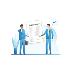 Men in business clothes sign, conclude agreement for cooperation, contract, document with seal. Partners, directors of companies at meeting stretch out, shake hands in approval, successful deal.