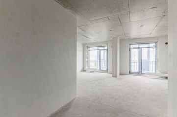 Russia, Moscow- May 05, 2020: interior room apartment rough repair for self-finishing. interior decoration, bare walls of the premises, stage of construction