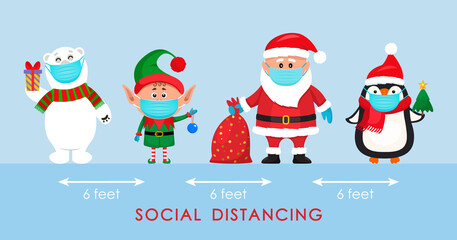 Santa Claus in a hat with a bag of gifts, an elf and a penguin, a polar bear with a gift in a cartoon style.