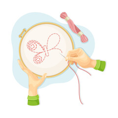 Hands embroidering butterfly on canvas. Top view of creative work process, hobby and craft concept vector illustration