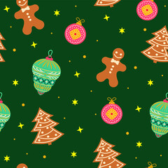 Merry Christmas and happy New Year pattern. Retro style. Gingerbread. Christmas tree toy.