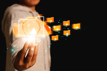 Businesswoman touching light bulb and icon Cloud Computing Technology Internet Storage Network Concept and online folder