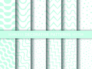 Set of seamless vector decorative blue and white patterns. Collection geometric abstract backgrounds for design, fabric, textile, home decor, wrapping etc.