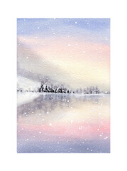 Winter landscape with mountain, christmas trees forest, lake with reflection on water. Watercolor snowy illustration for posters, greeting cards design