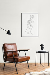 Picture frame with line art by a reading coffee table in a living room - obrazy, fototapety, plakaty