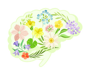 Brain with flowers and leaves. Healthy blooming human internal organ vector illustration