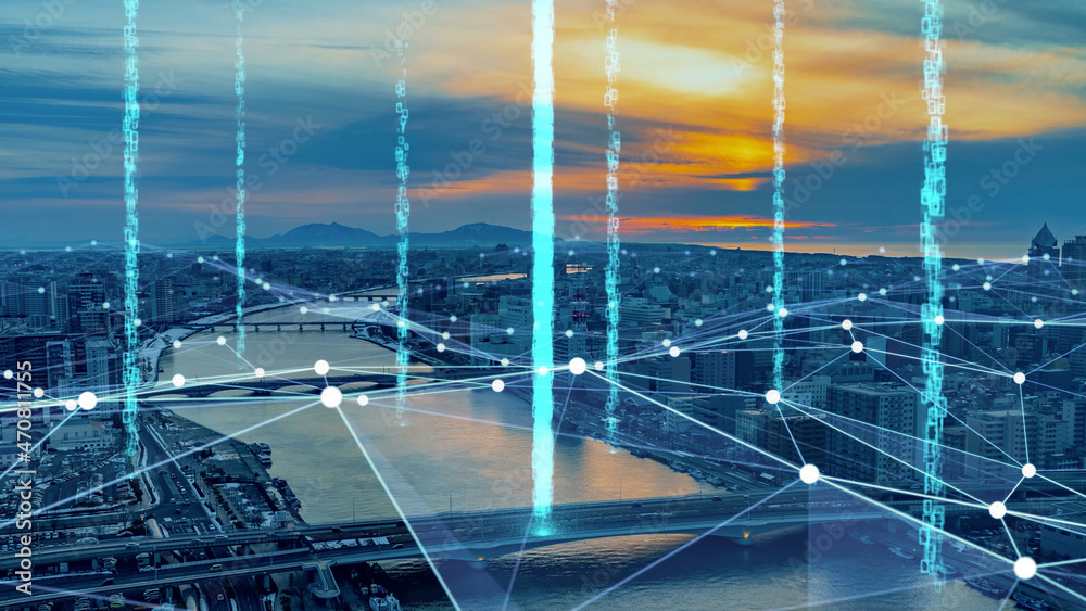 Poster smart city and communication network concept. digital transformation.