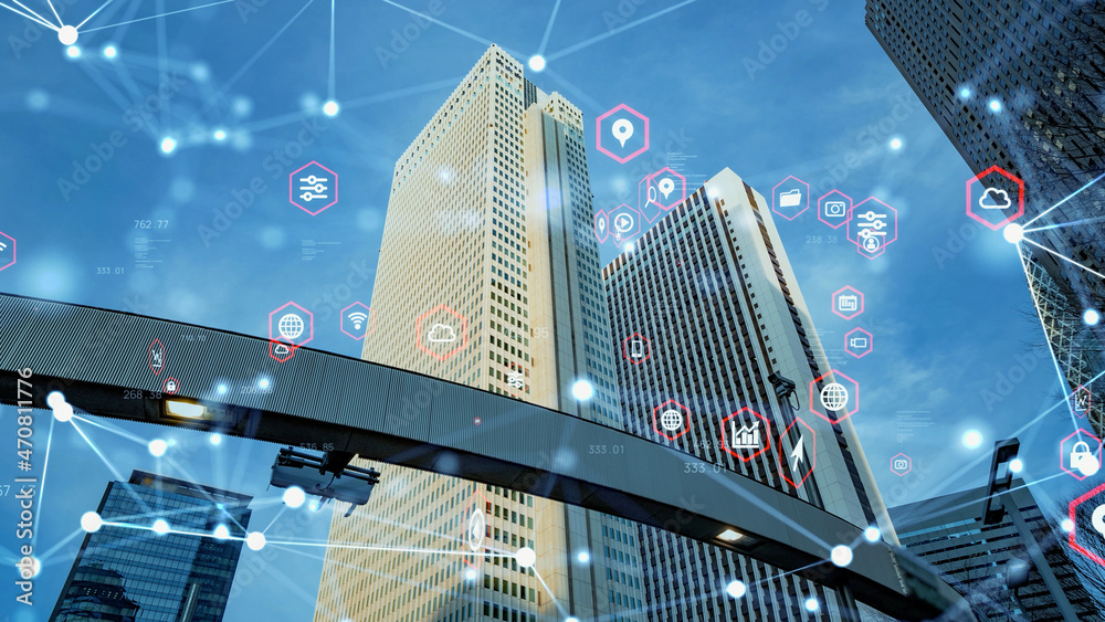 Aufkleber smart city and communication network concept. 5g. iot (internet of things). telecommunication.