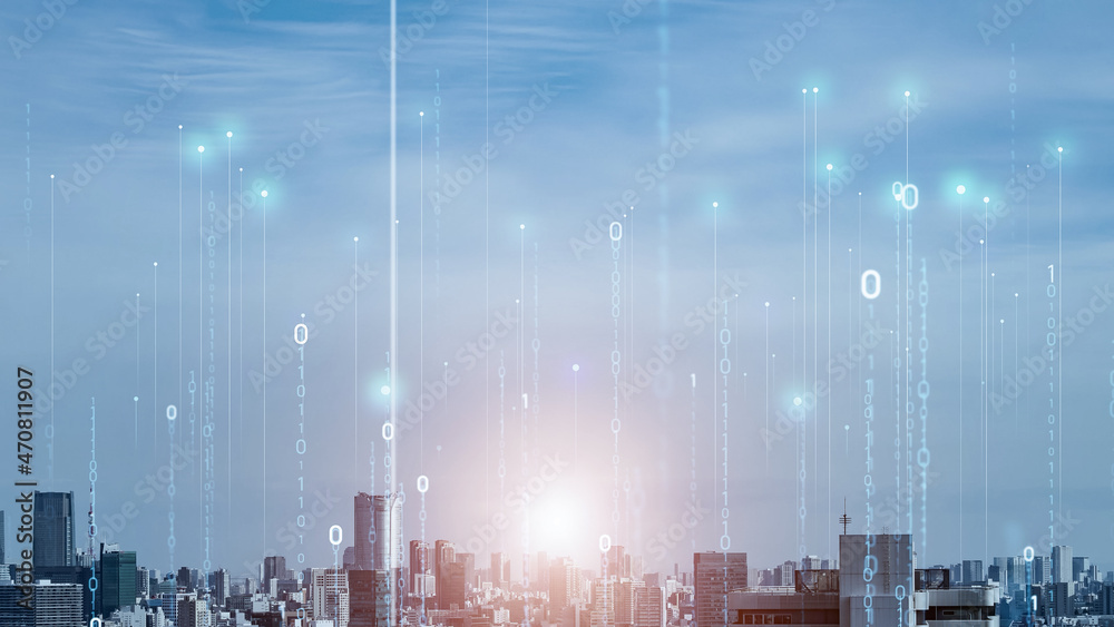 Poster smart city and communication network concept. digital transformation.