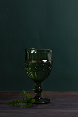 Glass green glass and a sprig of green fern. Minimalism; Vertical photo