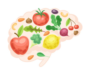 Anatomical brain with fruit and vegerables. Healthy human internal organ vector illustration