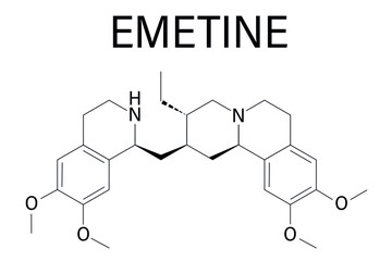 Emetine molecule. Has emetic (induces vomiting) and anti-protozoal properties. Skeletal formula.