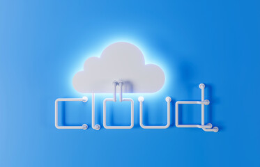 Cloud storage download Digital service or app with data transfer. 3d servers and datacenter connection network. abstract data cloud on blue Digital cloud computing technology background. 3d rendering