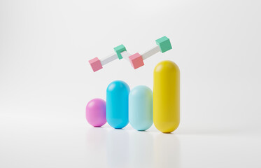 3d rendering minimal Growth or increase concept. Success up achievement business motivation. Infographic graph colorful pastel cylinders on white background, modern minimal target planning analytics.