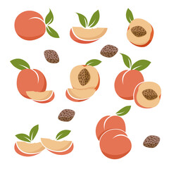 Peaches with leaves, peach seed, fruit emblem