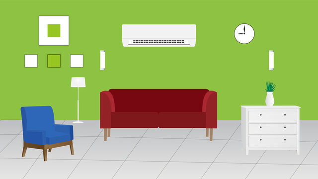 Vector cartoon interior of beautiful house with furniture -sofa,chair,light,ac,clock and flower tob Free Vector