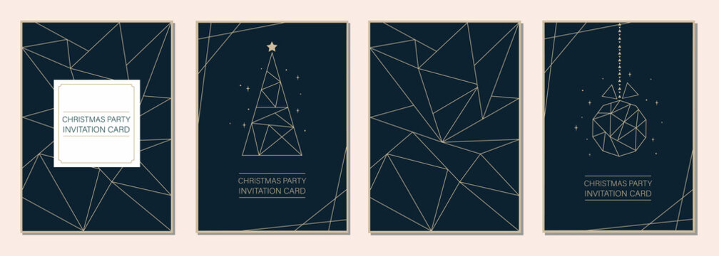Design of a modern Christmas corporate card in a geometric style with the image of a tree, a Christmas ball and congratulations. Gold inserts on a dark blue background. Suitable for publishing on soci