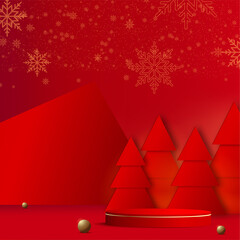 Merry Christmas and Happy New Year background with red podium and paper pine tree. Vector.