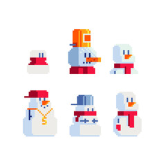 Obraz premium Snowman characters set. Сap on head and red scarf around neck. Pixel art greeting card design. Isolated vector illustration