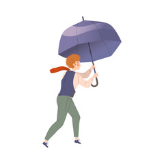 Businessman walking covering himself with big umbrella. cartoon vector illustration