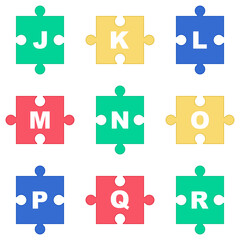 Alphabet on colorful puzzle. Jigsaw fonts for poster, banner, publication. Vector illustration.