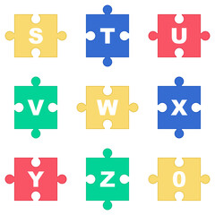 Alphabet on colorful puzzle. Jigsaw fonts for poster, banner, publication. Vector illustration.