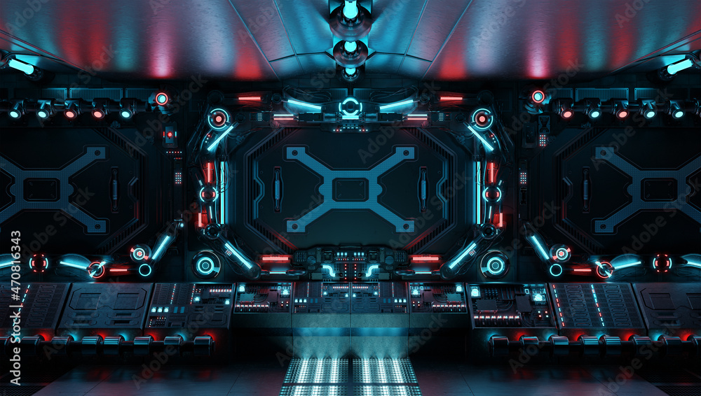 Poster dark spaceship interior with glowing control panels. futuristic space station background with blue a