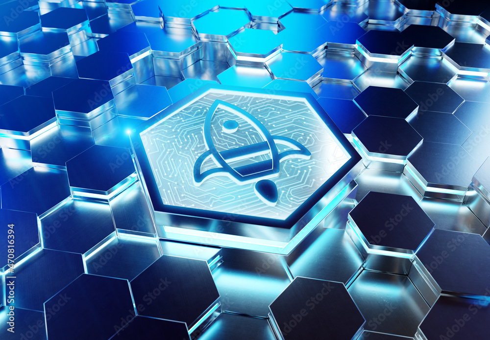 Poster Spaceship icon innovation concept engraved on metal hexagonal pedestral background. Rocket startup logo glowing on abstract digital surface. 3d rendering