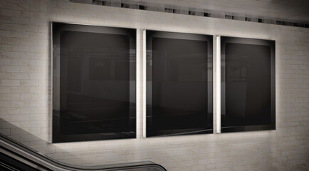 Three vertical billboards on underground wall Mockup. Hoardings advertising triptych on subway wall 3D rendering