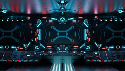 Dark spaceship interior with glowing control panels. Futuristic space station background with blue and red neon lights. 3d rendering © sdecoret