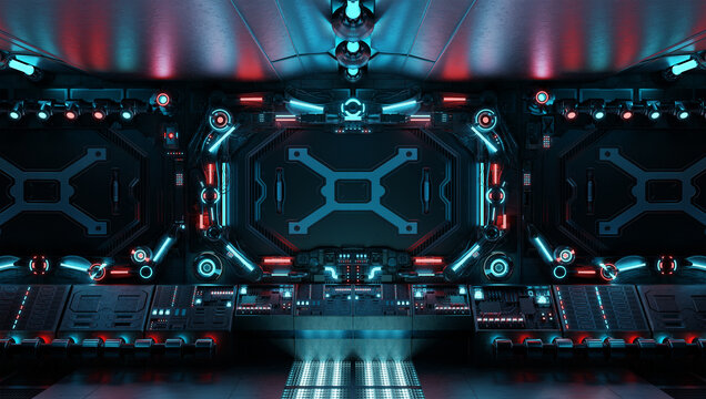 Dark spaceship interior with glowing control panels. Futuristic space station background with blue and red neon lights. 3d rendering