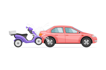 Motorbike colliding with car. Auto insurance case concept vector illustration