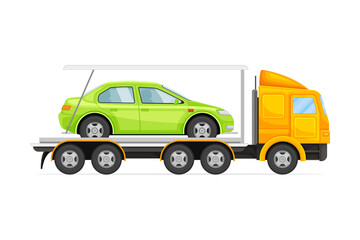 Truck evacuating broken or damaged auto. Car insurance case vector illustration