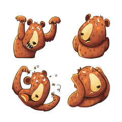 3 out of 6 Brown bear set of different emotions. Cute isolated animal illustrations on white background. Stickers set.