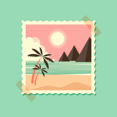 a postcard with a beach with mountains with palm trees and the sea