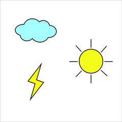 Vector lightning, cloud and sun icons. Infographics for every day. Signs of nature. Diary stickers.