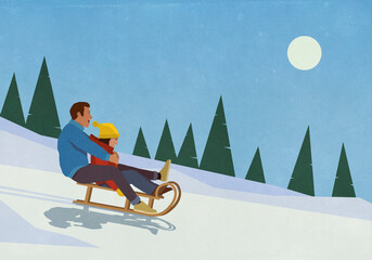 Father and daughter sledding in snow

