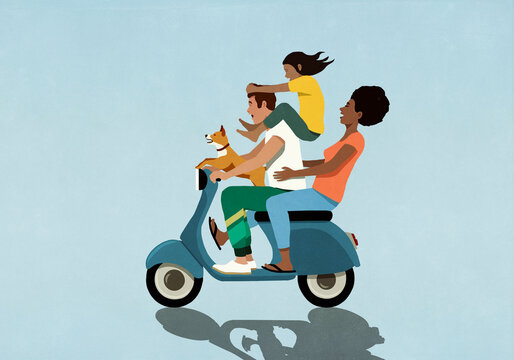 Carefree family with dog riding motor scooter
