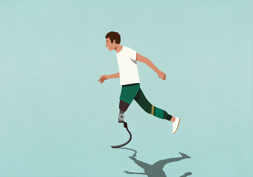 Male amputee with prosthetic leg jogging
