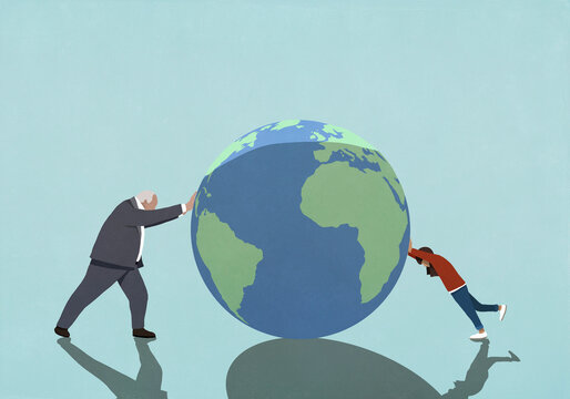 Businessman and girl pushing globe
