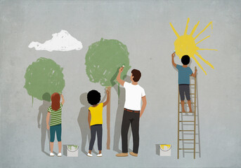 Community painting sun and trees on wall
