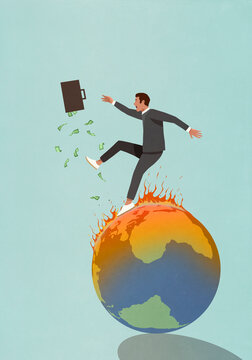 Businessman with briefcase of money falling on burning globe
