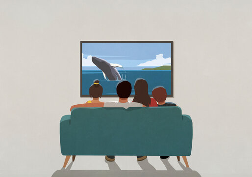 Family on sofa watching nature whale show on TV
