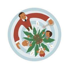 Psychologist Lev Vygotsky is raising children. A man with Soviet symbols watering flowers and children from a watering can. Isolated flat fully editable vector illustration on white background.