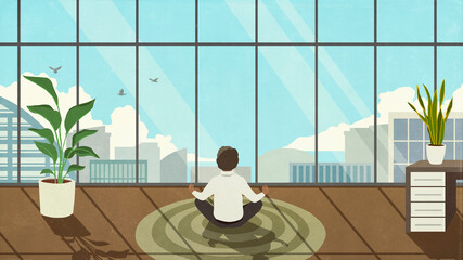 Serene woman meditating at sunny highrise office window
