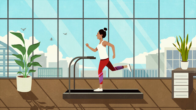 Woman running on treadmill in sunny highrise window
