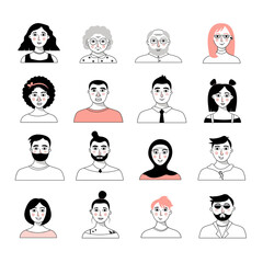 A set of images of faces of stylized modern people of different nations and gender, and age. Vector graphics, line art.