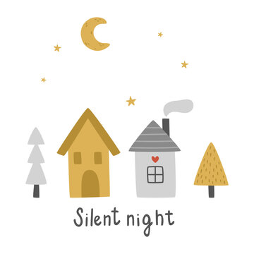 vector image of cute houses under the moon