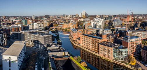 Aerial view of Leeds city centre and waterfront apartments 