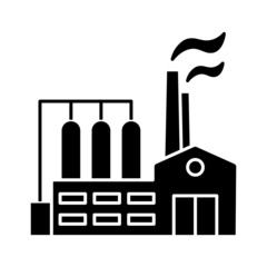Factory icon. Vector industrial building with smoke. Black silhouette of manufacturing object. Plant for industrial design